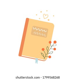 Cute book or a personal diary in pastel colours with a bookmark. Flat illustration.