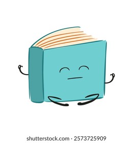 Cute book sits in meditation in flat design. Wisdom character with face. Vector illustration isolated.