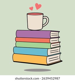 Cute Book Stack Vector with Coffee Cup. Reading and Education Illustration. Whimsical vector illustration of stacked books in pastel colors with a coffee mug and hearts