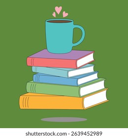 Cute Book Stack Vector with Coffee Cup. Reading and Education Illustration. Whimsical vector illustration of stacked books in pastel colors with a coffee mug and hearts