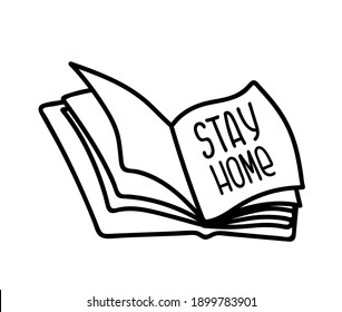 Cute book for stickers, logo. Stay Home, work in home. Home quarantine, pandemic protection. Hand drawn vector illustration on a white background.