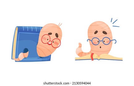Cute Book Worm Character in Glasses with Book in Hard Cover Vector Set