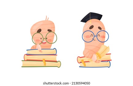 Cute Book Worm Character in Glasses with Book in Hard Cover Vector Set
