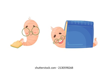 Cute Book Worm Character in Glasses with Book in Hard Cover Vector Set