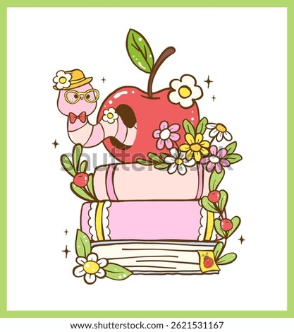 Cute Bookish Spring Animal Reading, Nerd Worm in Apple on stack book Cartoon Doodle Illustration with Happy Smile