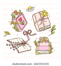 Nettes Buch Frühling Buch und Blumen Set Pastel Lesung Cartoon Doodle Illustration 
