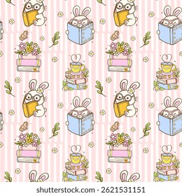 Cute Bookish Spring Bunny Reading Books Seamless Pattern Pastel Reading Wallpaper Cartoon Doodle Illustration 