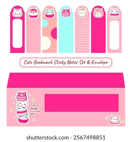 Cute Bookmark Sticky Notes Set and Envelope. Kawaii Adhesive Tags collection for children. Cartoon sticky note element with cat. Perfect for reminders, planning and nursery organization. Vector EPS8