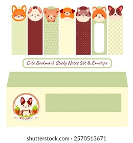 Cute Bookmark Sticky Notes Set and Envelope. Kawaii Adhesive Tags collection for children. Cartoon sticky note element with dog. Perfect for reminders, planning and nursery organization. Vector EPS8