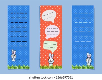 Cute bookmarks with bunny and conversational bubbles. Vertical banners. Orange, blue to white point and place for note. Rabbit jumping on the grass. Vector illustration funny hare for notebooks