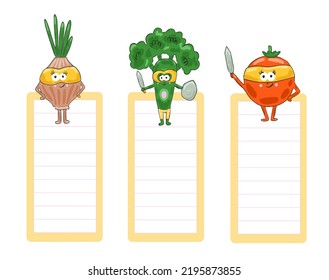 Cute bookmarks for kids with funny vegetable superhero