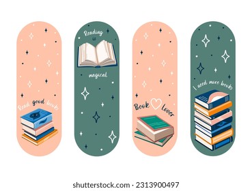 Marcadores personalizados. Conjunto de plantillas de marcadores de papel para los amantes de los libros. Postales verticales. Vector.