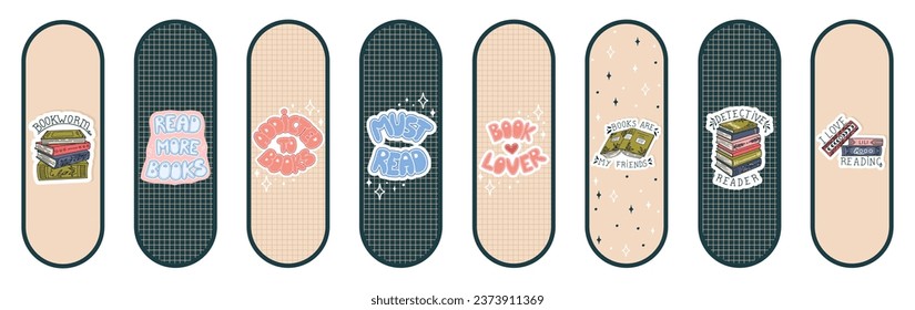 Cute Bookmarks. Set of paper bookmark templates for book lovers. Vertical postcards. Vector.	