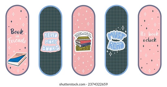 Cute Bookmarks. Set of paper bookmark templates for book lovers. Vertical postcards. Vector.	