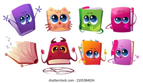 Cute books characters with bookmarks and glasses. Vector cartoon icons set of happy funny paper literature with faces, hearts, cat and devil on cover isolated on white background