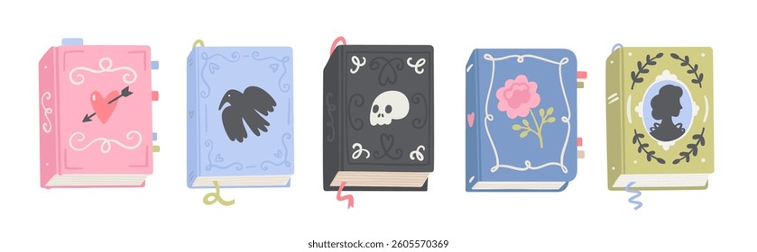 Cute books with different vintage covers. Vector set of cartoon illustrations