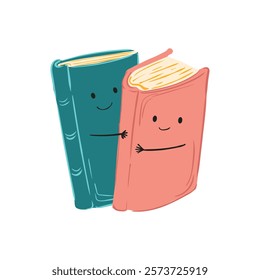 Cute books hugging in flat design. Friendly library characters with faces. Vector illustration isolated.
