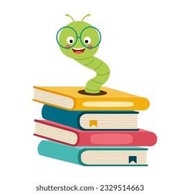 Cute bookworm in book cartoon character in flat design on white background.