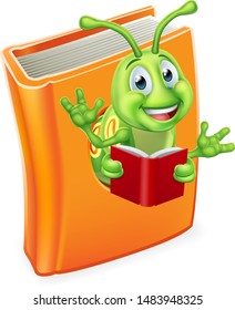 A cute bookworm caterpillar worm cartoon character education mascot coming out of a books reading 