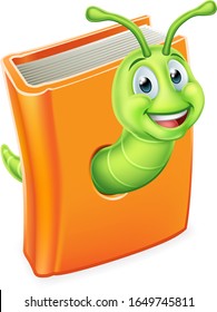 A cute bookworm caterpillar worm cartoon character education mascot coming through a book