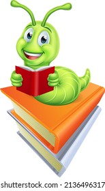 A cute bookworm caterpillar worm cartoon character education mascot reading on a stack of books