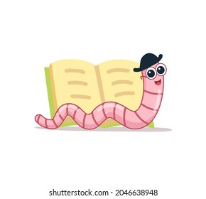 Cute Bookworm in glasses with book. cartoon character worm and book. Vector illustration isolated on white. Concept education.