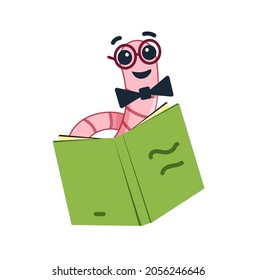 Cute Bookworm in glasses with book. cartoon character worm. Vector illustration in flat style. Concept education.