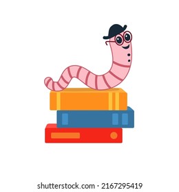 Cute Bookworm in glasses on stack of books. cartoon character worm. Vector illustration in flat style.