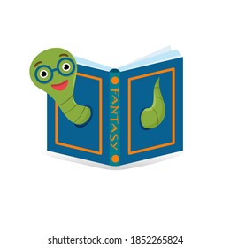 Cute bookworm with glasses popping out of old hardcvoer book, isolated on white background. Education concept. Vector cartoon illustration.