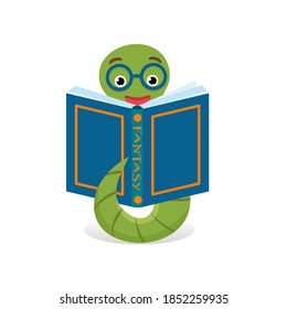 Cute bookworm reading book, isolated on white background. Education concept. Vector cartoon illustration.