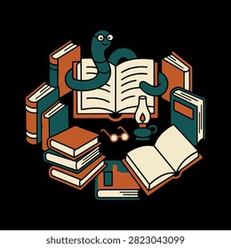 A cute bookworm reading stories surrounded by many vintage books