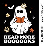 Cute Booooks Ghost Read More Books Funny Teacher Halloween shirt print template, witch book bat star flower skull vector