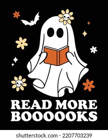 Cute Booooks Ghost Read More Books Funny Teacher Halloween shirt print template, witch book bat star flower skull vector