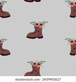 Cute boots with flowers Halloween seamless background. Template for textile, wallpaper, packaging, cover, web, card, box, print, banner, ceramic