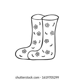 Cute Boots for rainy weather. Black and white doodle style illustration. Womens shoes for spring, summer or autumn with floral print