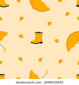 Cute boots with umbrella seamless autumn background. Template for textile, wallpaper, packaging, cover
