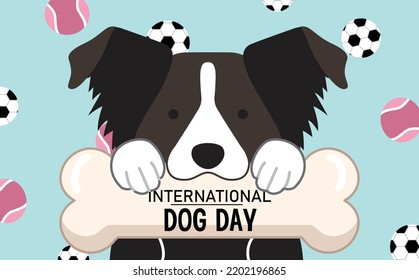 Cute border collie dog holding bone with toys in background. International dog day or world dog day banner or poster vector illustration.