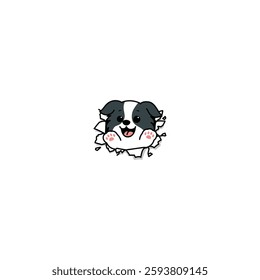 Cute border collie puppy break through the paper cartoon, vector illustration