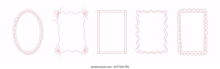 Cute border frames set. Simple elegant hand drawn illustrations borders. Hand drawn pink frames different forms doodle