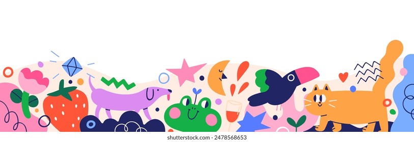 Cute border, kids decoration. Funny abstract childs banner design with creative elements, amusing happy animals, doodle shapes. Decorative flat vector illustration isolated on white background