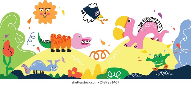 Lindo borde, decoración de niños. Divertido diseño abstracto del Anuncio de los niños con Elementos creativos, animales felices divertidos, Formas de garabato. Ilustración vectorial plana decorativa aislada sobre fondo blanco