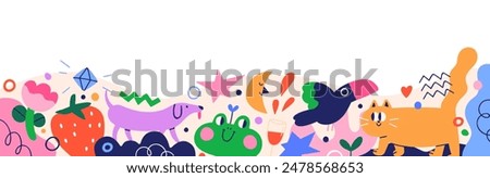 Cute border, kids decoration. Funny abstract childs banner design with creative elements, amusing happy animals, doodle shapes. Decorative flat vector illustration isolated on white background