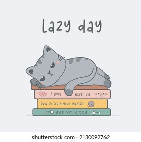 cute bored and lazy kitty cat lying down on stacked books, kawaii animal pet cartoon drawing illustration vector