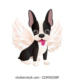 Cute Boston terrier cool sweet puppy sitting with angel wings in cartoon style isolated on white background. Cute dog, print design
