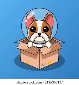 Cute boston terrier dog astronaut in a cardboard box vector illustration