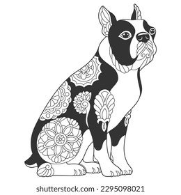 Cute boston terrier dog design  Animal coloring page and mandala   zentangle ornaments