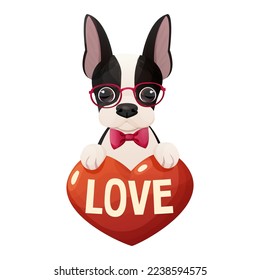 Cute boston terrier dog with heart, text Love, adorable pet in cartoon style isolated on white background. Comic emotional character, funny pose