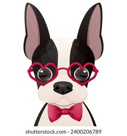 Cute boston terrier dog with heart, adorable pet in cartoon style isolated on white background. Comic emotional character, funny pose
