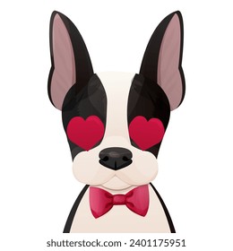 Cute boston terrier dog with heart, adorable pet in cartoon style isolated on white background. Comic emotional character, funny pose