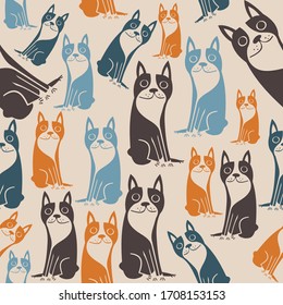 Cute boston terrier dog seamless pattern. Hand drawn vector illustration french bulldog ornament collection. Wrapping paper, logo, background, wallpaper, website, shelter, charity, t-shirt, bag design